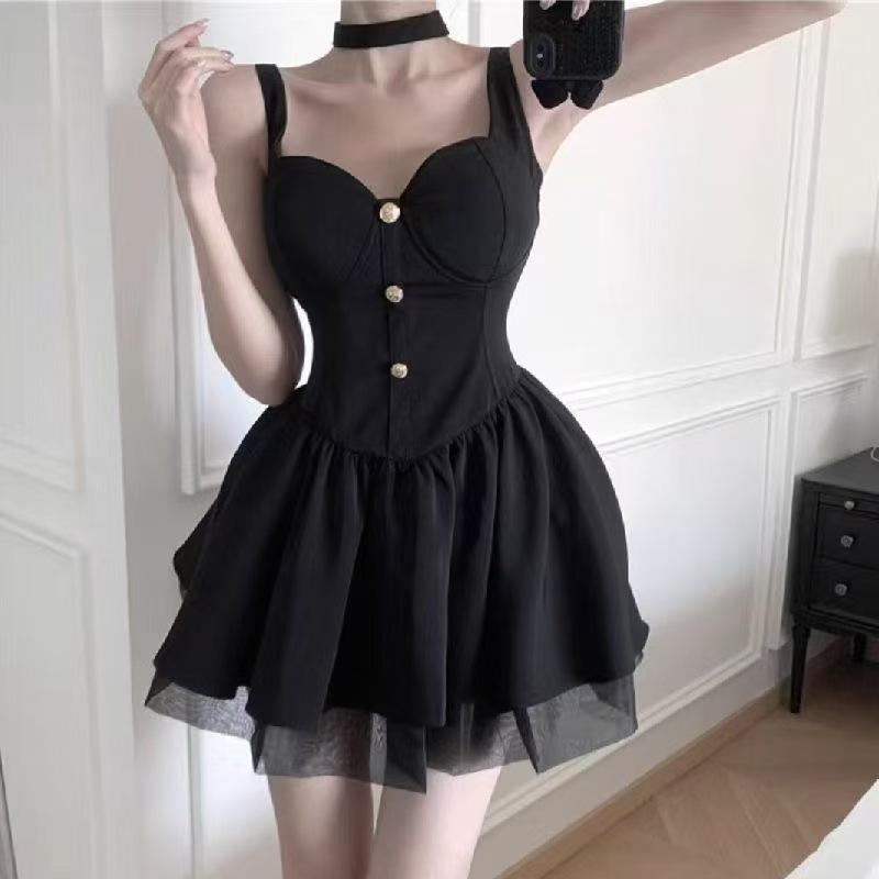French Sexy Black Suspender Dress Women's Summer Temperament Slim Birthday Dress Princess Tutu Dress Small Man