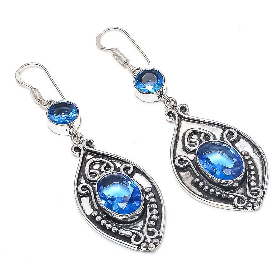 Swiss Blue Topaz Gemstone 925 Sterling Silver Earring 2.76"