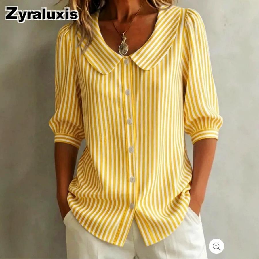 New Summer Striped Ruffle Collar Button-Down Shirt for Women