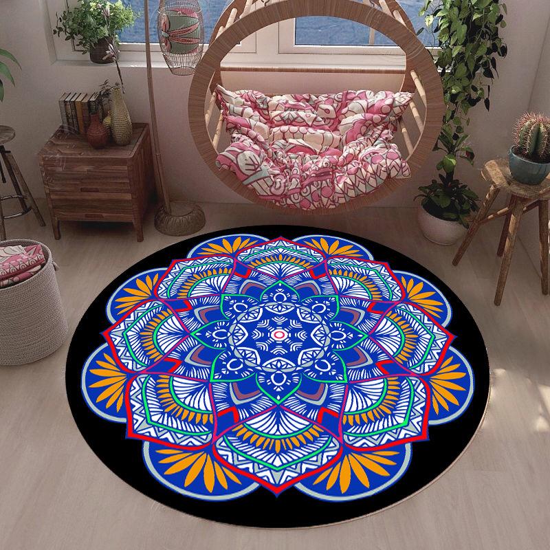 Mandala Print Round Carpet Colorful Flowers Design Non-Slip Rug Boho Ethnic Style Home Decoration Mat for Living Room Bedroom