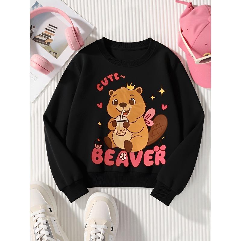 Kids Sweatshirt,Crew Neck Fashion Top, Fun "Cute Beaver Drinking" Patterned Sweatshirt, for Everyday Casual Wear, for All Kinds of Daily Outfits
