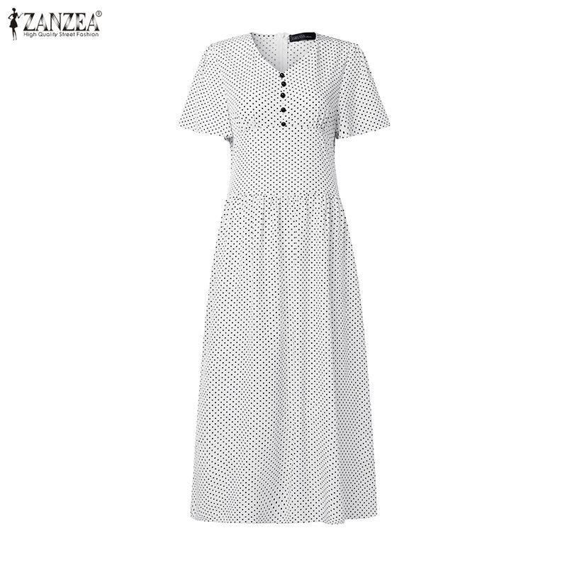 ZANZEA Women Casual V-Neck Polka Dot Print Short Sleeve Dress