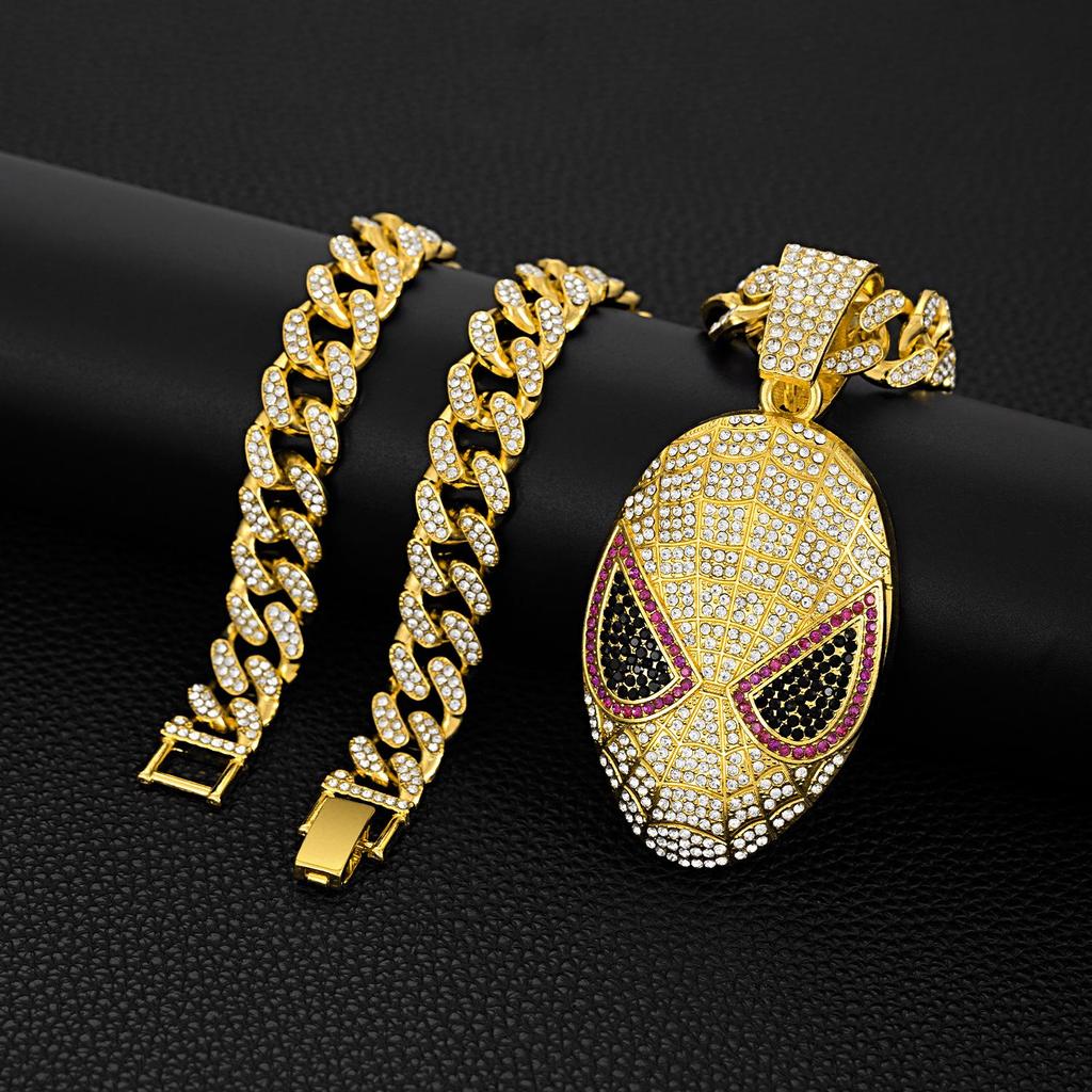 European & American Rhinestone Spider-Man Alien Mask Cuban Necklace - Anime Hip Hop Jewelry