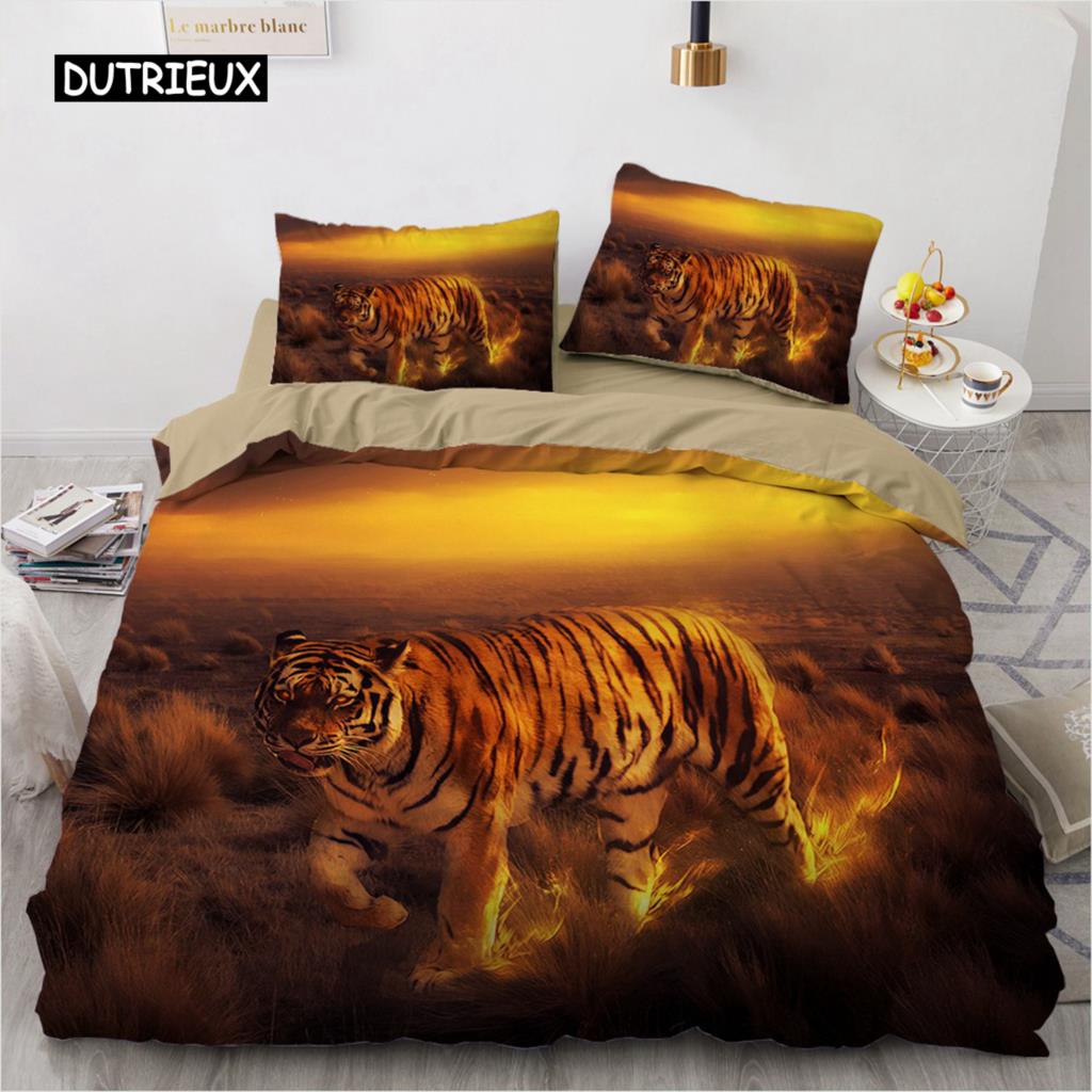 3D Bedding Set Black Duvet Quilt Cover Set Comforter Cover Pillowcase King Queen Size Animal Tiger Printed Polyester Quilt Cover
