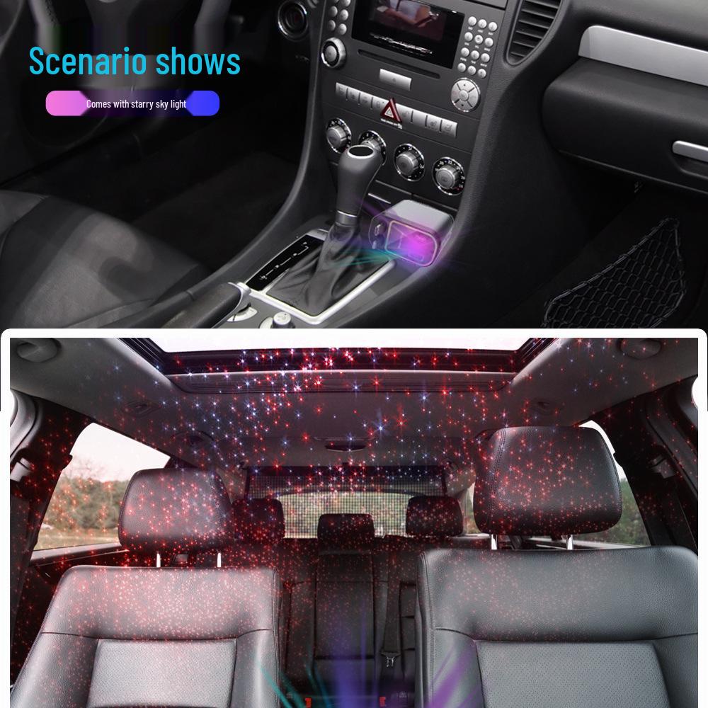 Starry Sky Multi-Function Car Charger: Dual Retractable Cables & Projector Light.