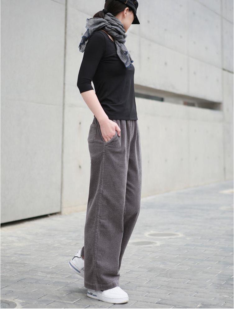 2025 Women's High Waist Straight-Leg Corduroy Pants: Versatile, Casual, Loose-Fit Woolen Pleated Solid Color Long Pants