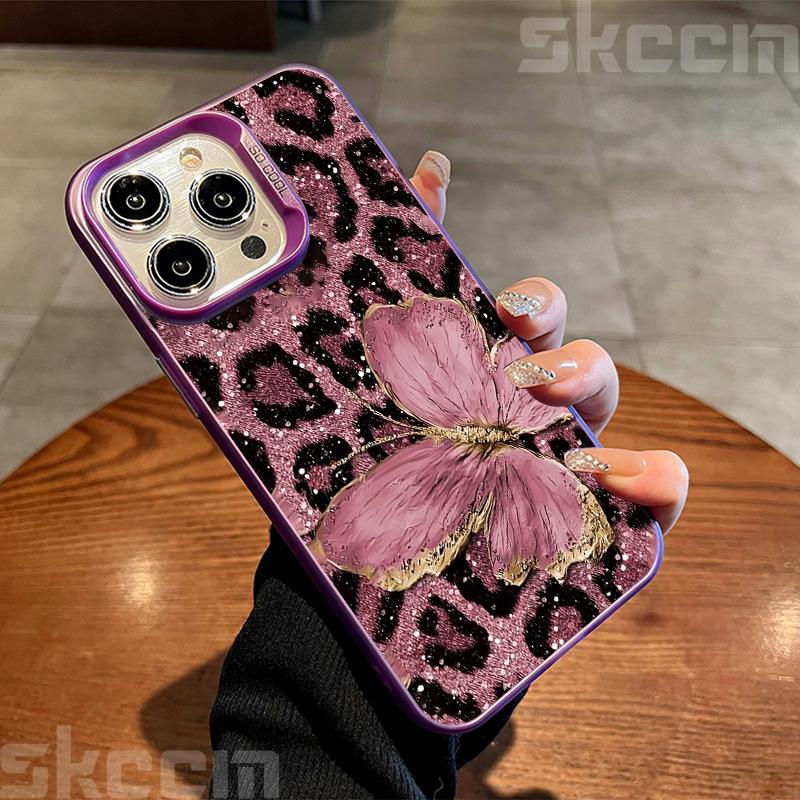 Luxury Butterfly Leopard Print Phone Case For iPhone 16 16E 15 14 13 12 11 Pro Max X XS XR 7 8 Plus SE Shockproof Hard Cover