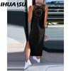 IHUASU Summer Simple Solid Color Back Lace Sleeveless Dress for Women