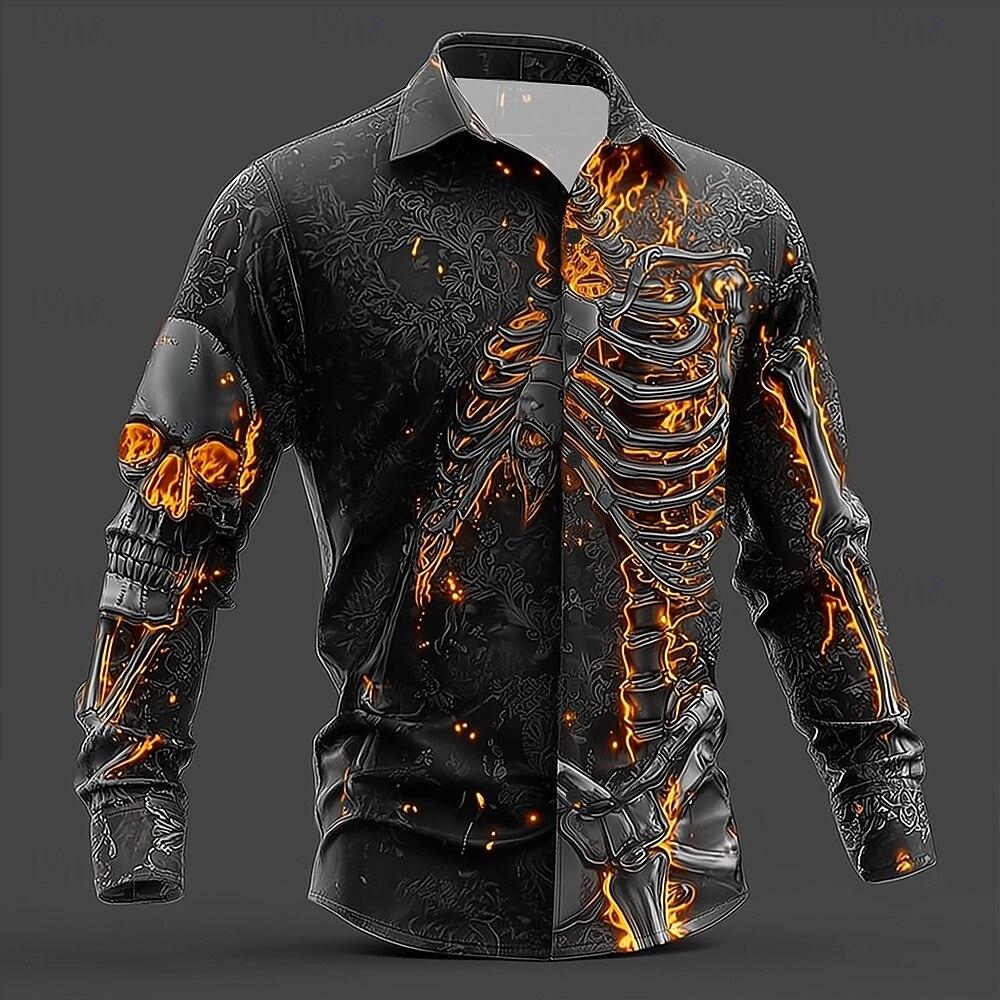 Halloween Men's Skull Flame Halloween Costumes Shirt Button Up Shirt Long Sleeve Shirt Gothic Style Tops Fall Winter