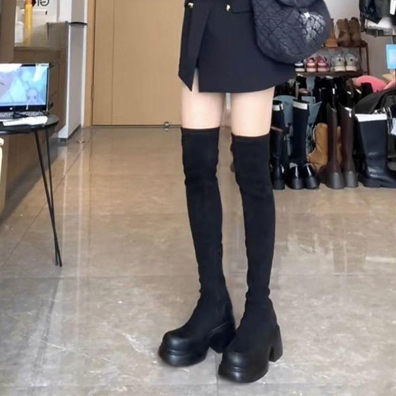 American knee boots women's autumn thin thick heel thick sole elastic thin long boots small high heel thin boots ins