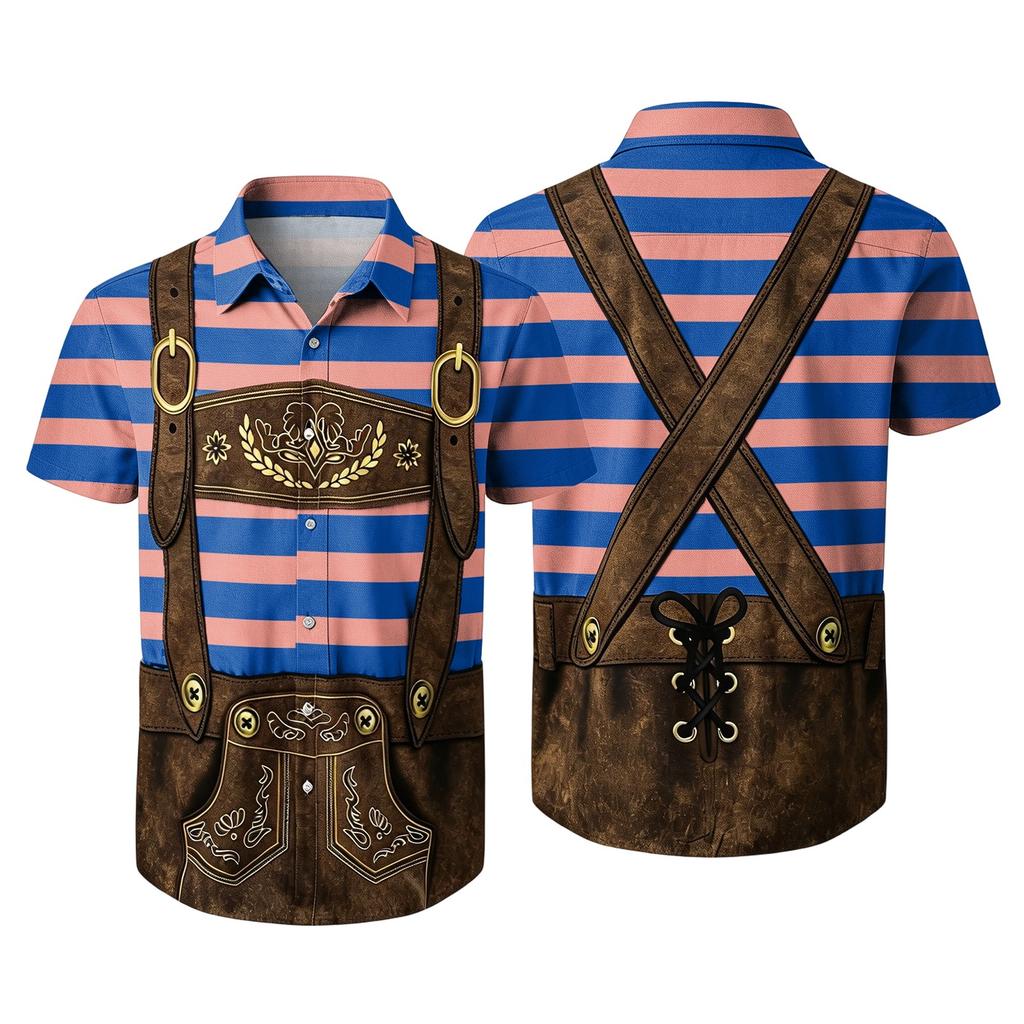 Men's Short Sleeve Button Down Shirt Retro Beer Festival Print Casual Loose Fit Party Shirt with Traditional Lederhosen Design for Everyday Wear