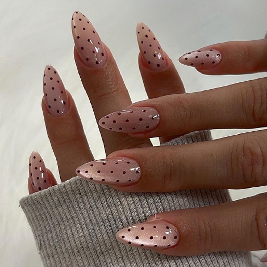 Blue Brown Polka Dot Cute Bow French Nail Art Summer Stylish Short False Nails Detachable Finished Fake Nails Press on Nails