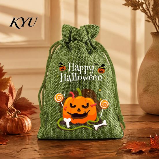 Lightweight Candy Carriers 2Pcs Halloween Pumpkin Drawstring Bags for Treats, Retro Burlap Pattern Party Favors Trick or Treat Bags, Portable