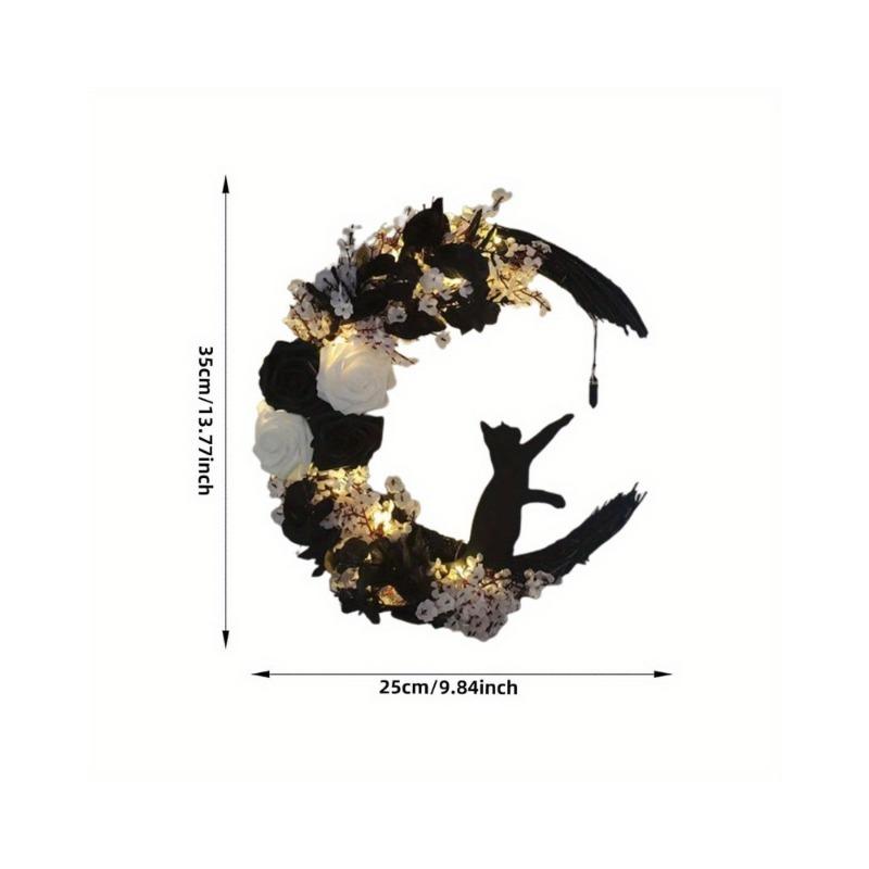 Halloween Månkrans Simulerade Rosor och Svart Katt - Dörrgirlang Halloween Hemfest Inomhusdekoration utan Strömförsörjning