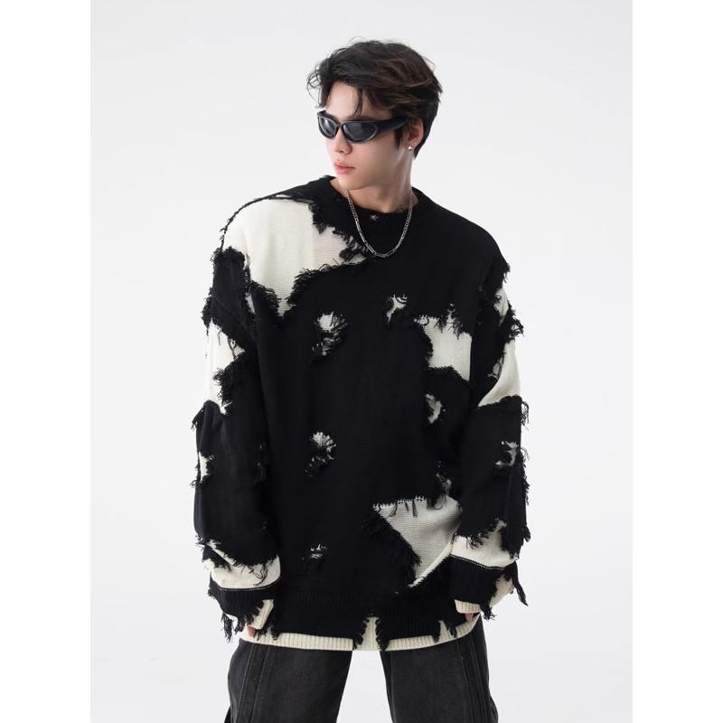 Unisex Oversized Knit Sweater With Raw Edge Hem Distressed Detail Loose Fit Casual Pullover