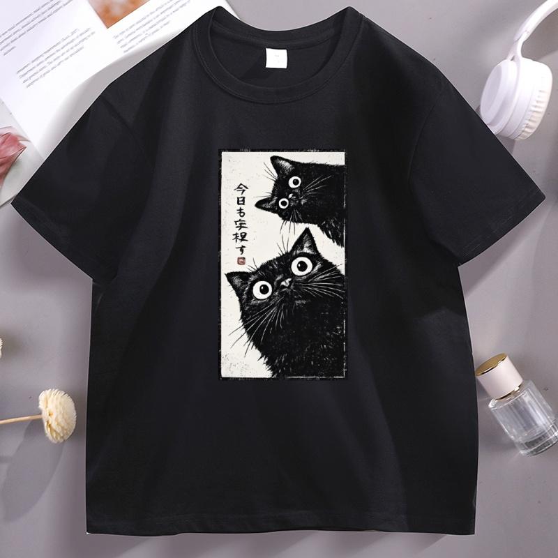 Japanese Cat Graphic TShirts Vintage Tokyo Aesthetic Black Cat Tee Kawaii Streetwear Casual Cotton Short Sleeve Round