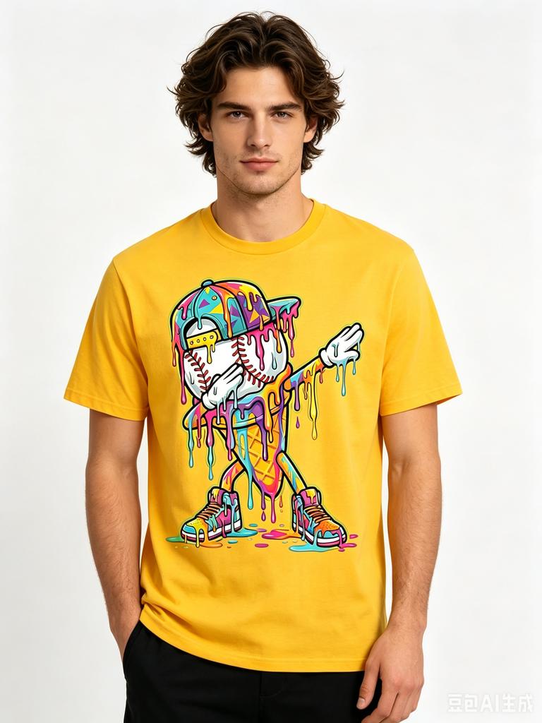 Cotton Retro Baseball Drip Tshirt Ice Cream Drip Pattern Round Neck Casual Electric Butt Dance Pose Graphic T Shirts