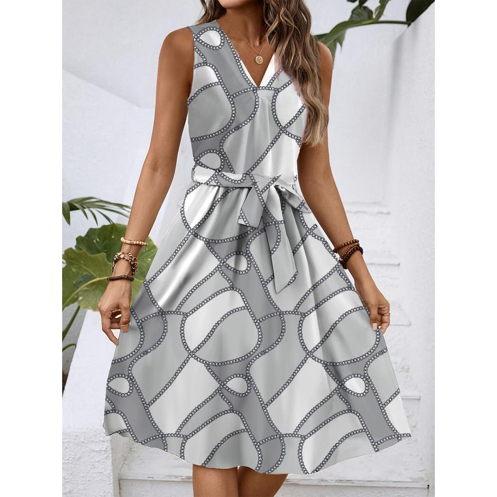 Women's Spring And Summer Casual V-Neck Sleeveless Waist Floral Print Midi Dress