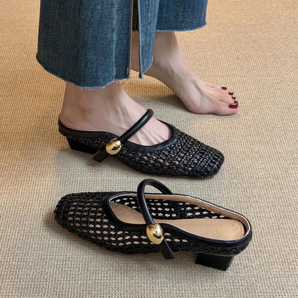 Fashion Big Size Shoes Woman 2025 Square Toe Slippers Summer Pantofle Low New Cover Block Slides Rome Hoof Heels PU Mary Janes Rubber