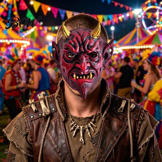 Breathable Scary Mask Halloween Red Devil Cosplay Mask, Creepy Golden Horned Demon Latex Flexible Masquerade Costume Party Full Face for Men