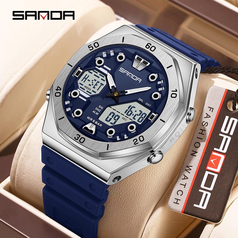 Sanda Men s Trendy Dual Display Casual Watch - Waterproof, Luminous, Octagonal Design with Countdown & Snooze Functions.