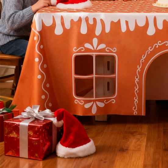 Christmas Gingerbread House Tablecloth 7.55 X 9.84 Ft Tablecloth with Cut-Out Door Windows Table Cover Playhouse for Family Gathering Party Supplies