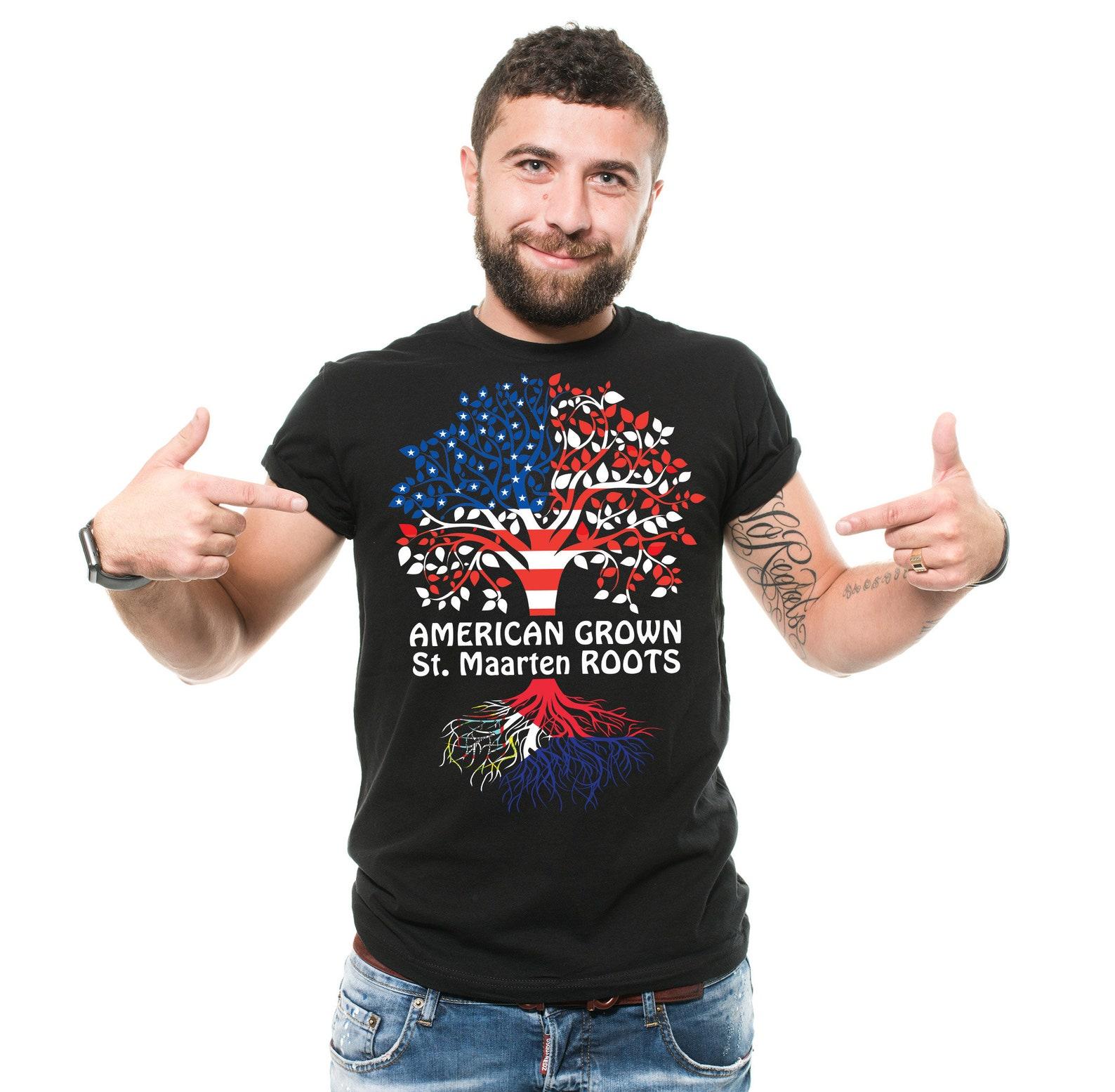 American Grown with St. Maarten Roots T-Shirt: Patriotic Saint Martin Flag 2XL