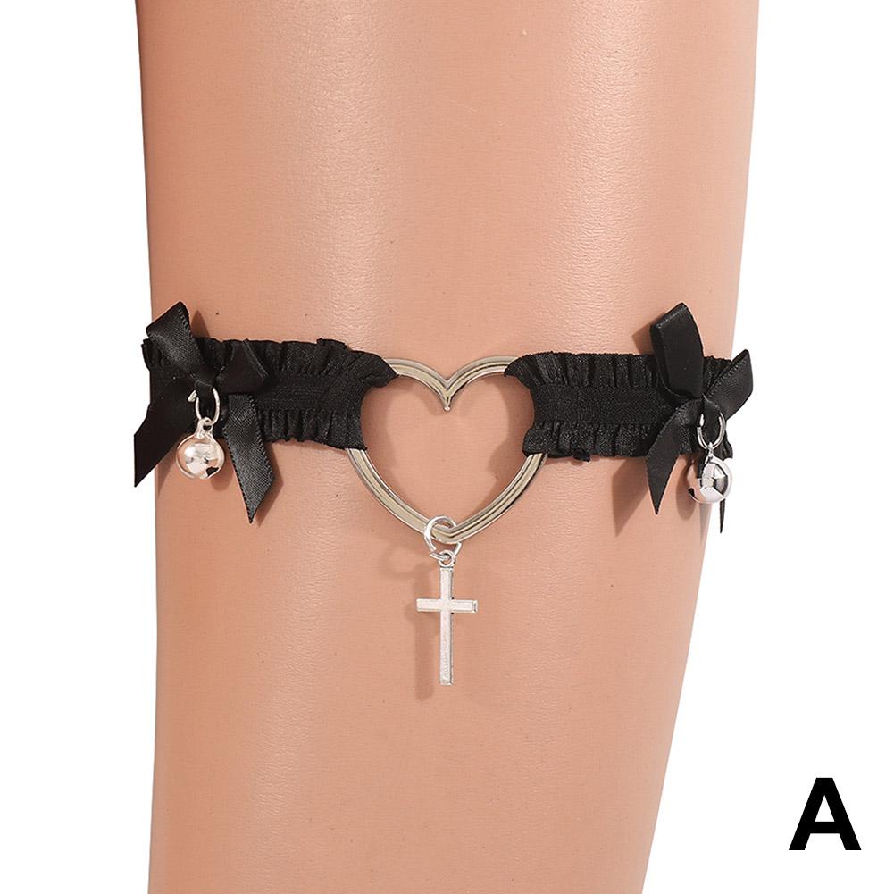 Gothic Lace Bells Garter Belt Heart Bowknot Cross Lolita Rings Leg Garters Cosplay Collar Sexy E5B1