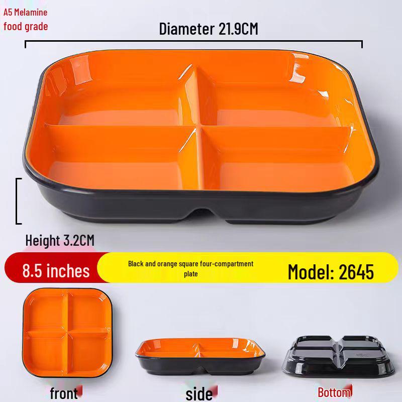 Four-Compartment Melamine Square Plate for Fast Food & Salads.