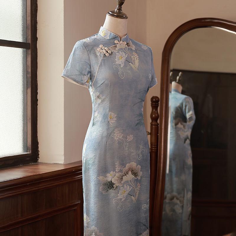 Elegant Blue Retro-Style Cheongsam for Girls - 2024 New Small Size