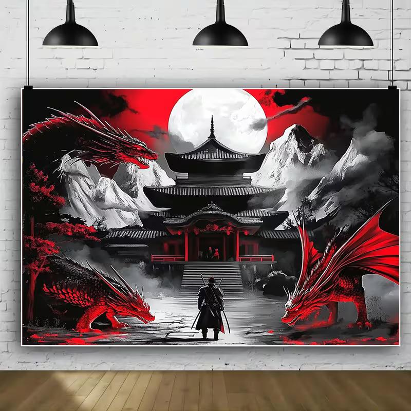 2D Japanese Warrior Dragon Moon Backdrop for Studio Photography
