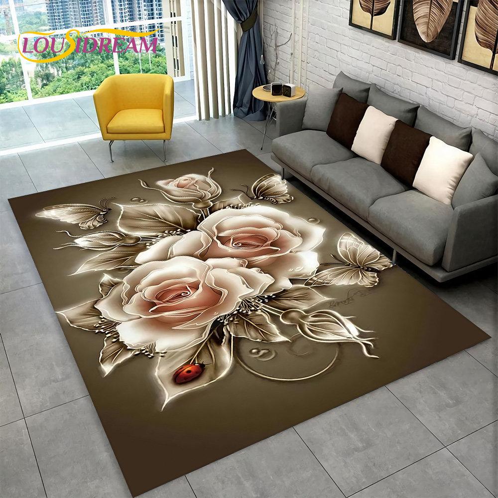 3D Nordisk Luksus Blomst Rose Områdeteppe Stort, Teppeteppe for Hjem Stue Soverom Sofa Dørmatte Dekor, Sklisikre Gulvmatter for Barn