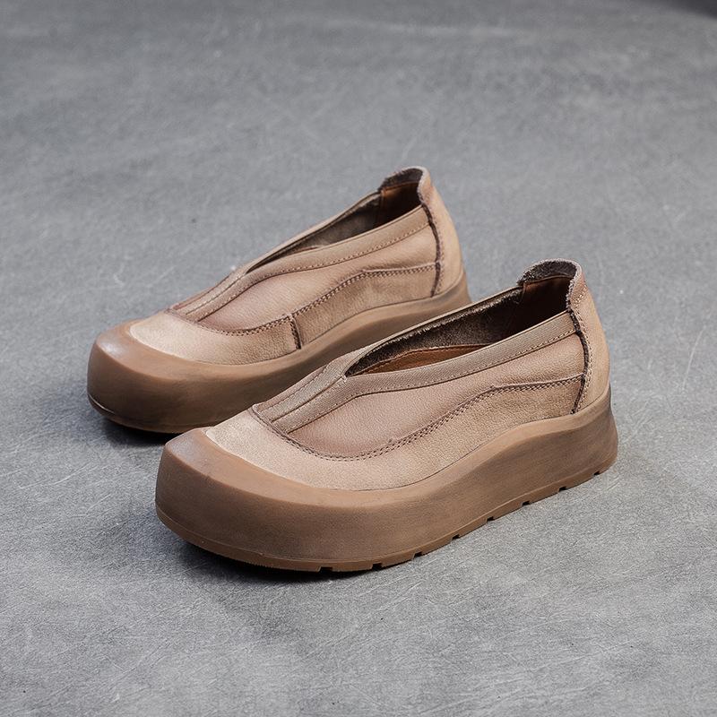 Johnature Γνήσιο δέρμα με χοντρή σόλα με στρογγυλά δάχτυλα Loafers Ρετρό άνετα γυναικεία παπούτσια με επίπεδη πλατφόρμα