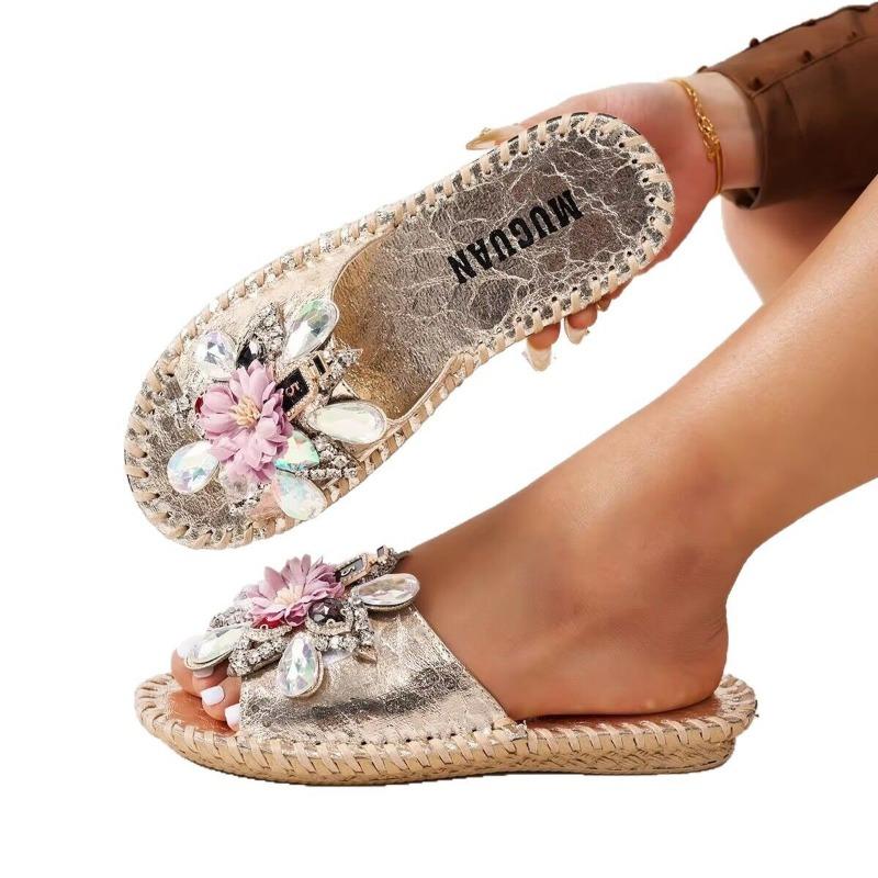Rhinestone flower one-word women's new fashion flat-bottom drag gentle temperament slippers