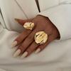 Punk Metal Irregular Pleated Wide Open Rings For Women Men Exaggerated Gold Color Geometric Adjustable Fingerrings Jewelry