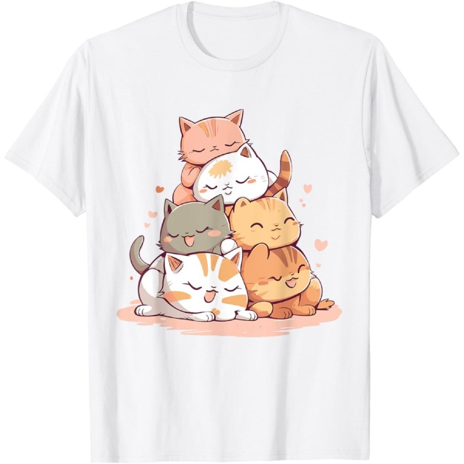 Cat Cute Kitty Pile Cats Anime Kawaii Neko Women Girls T-Shirt(2) S