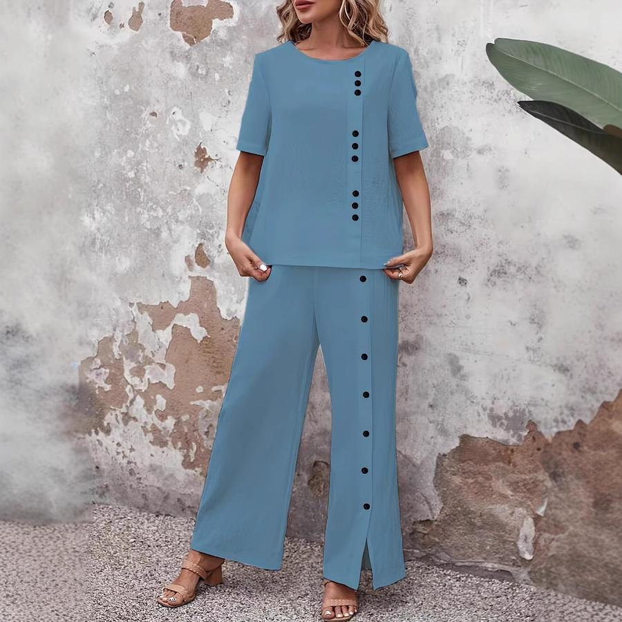 Oversized Cotton Linen Fashion Casual Two-Piece Set Short Sleeve Button Loose Wide Leg Pants Women's Clothing