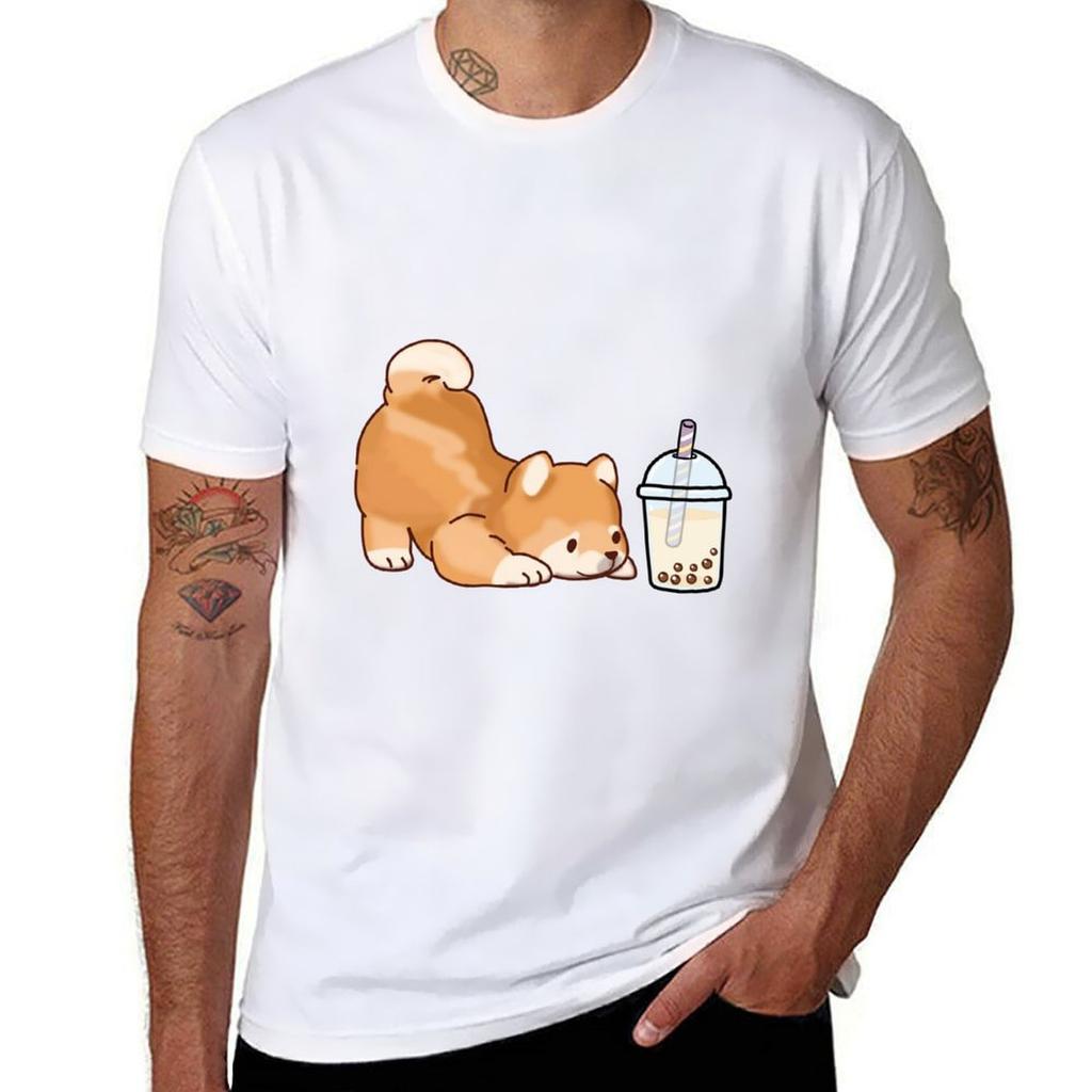 Cute Little Shiba Loves Boba Tshirt Running Perforunisexce Short Sleeve Tee Tshirt