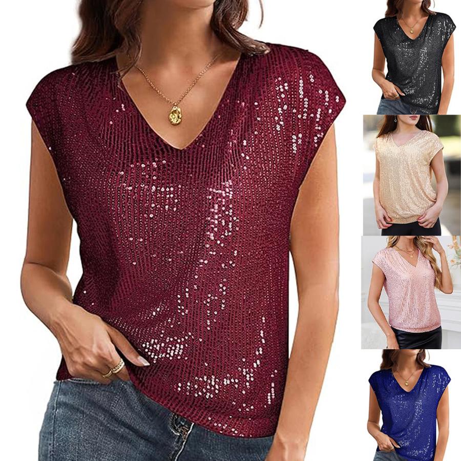 Spring Autumn New Arrivals Shoulder Strap Sequin Slim V-Neck Solid Color Top T-Shirt for Women