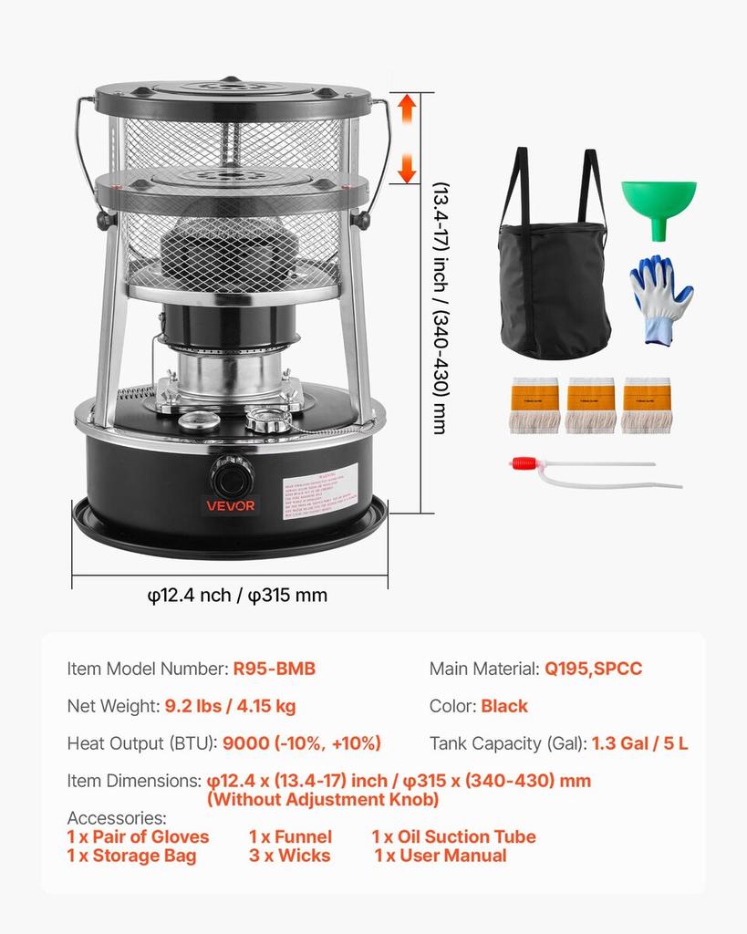 9000 BTU Portable Kerosene Heater & Stove, 2 in 1 Non-Electric Indoor Outdoor Heater with Adjustable Height & Flame & Easy Storage,for Camping,