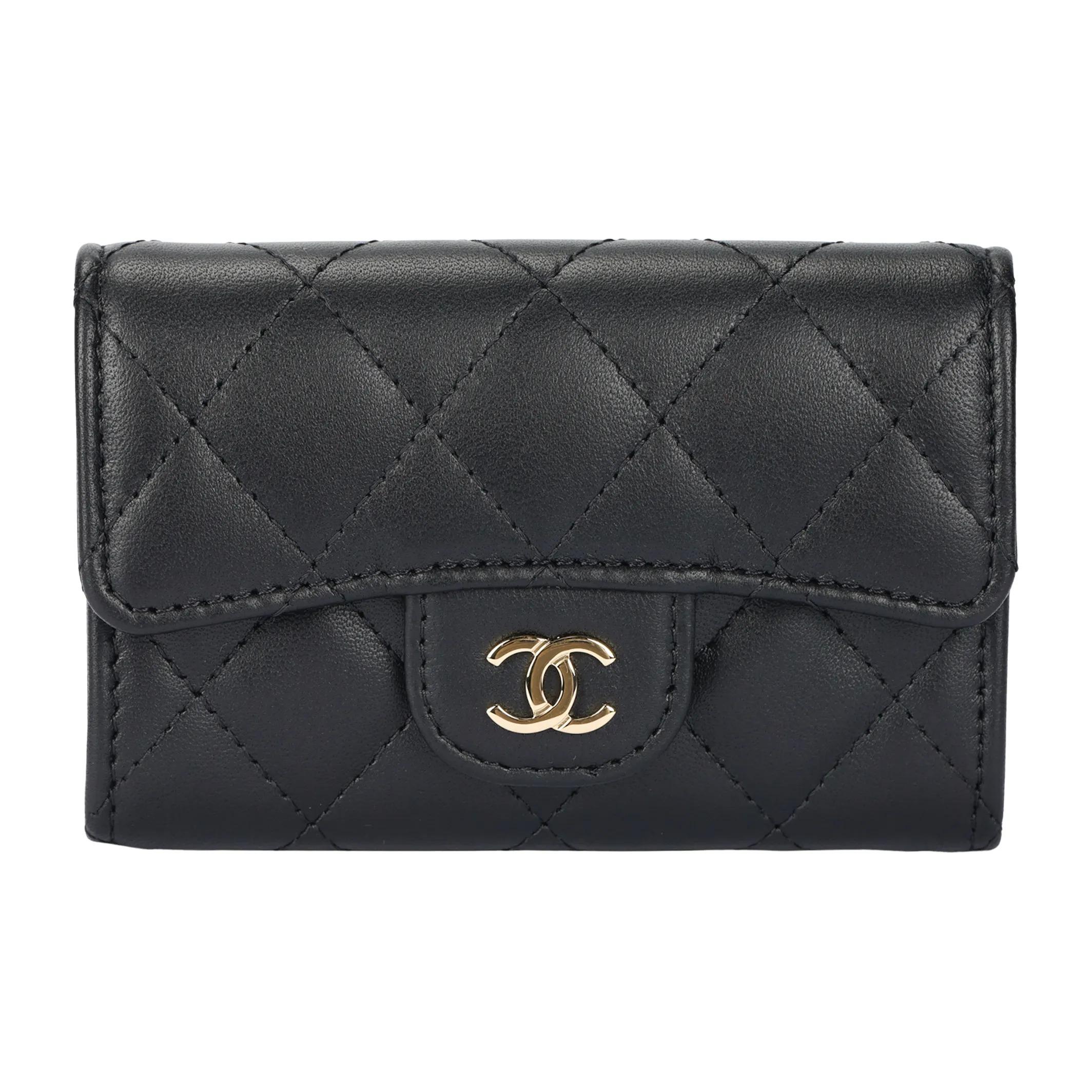 

CHANEL Чорний жіночий гаманець-клапан із золотою пряжкою, слотами для карток, логотипом Double C та ромбоподібною прострочкою з натуральної шкіри ягняти Gift Set(Basic Set+Original Box&Handbag) чорний