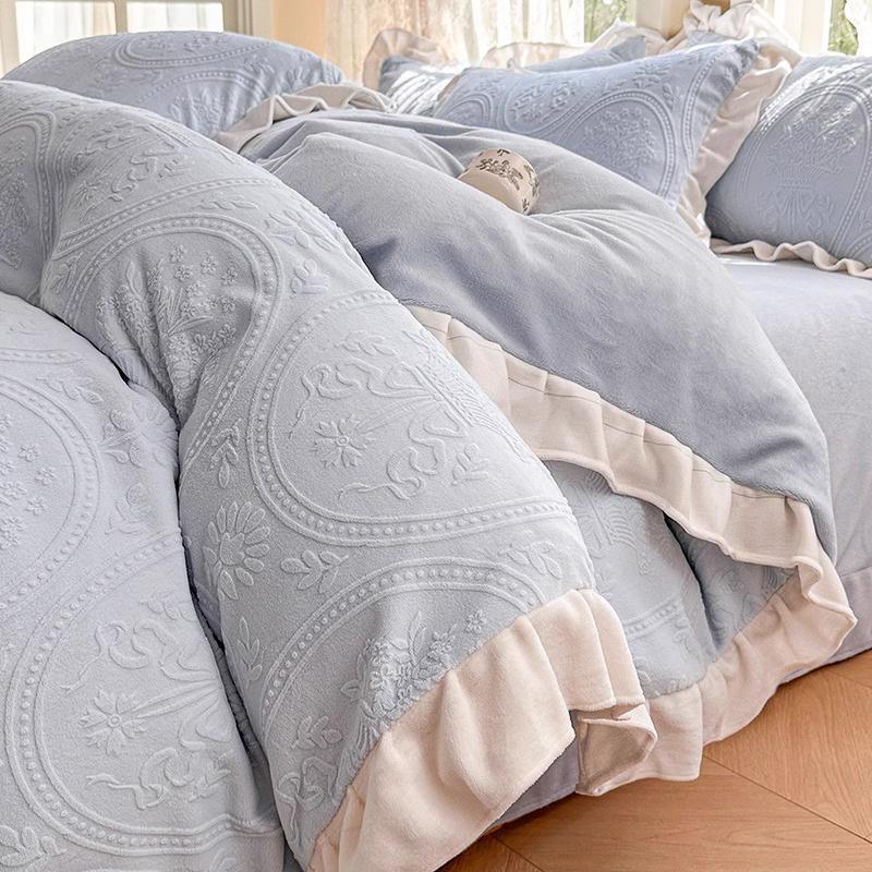 Double-Sided Thickened Milk Coral Fleece Bed Four-Piece Set Flannel Bedding Bed Skirt Fleece Sheet Quilt Cover