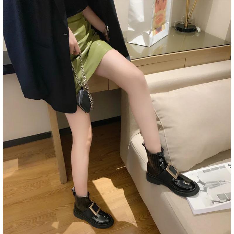 Lackleder Chelsea Boots Damen Markenschuhe Winter Marke Metallschnalle Botas Femme Stretch Reitstiefel Damenschuhe Botas