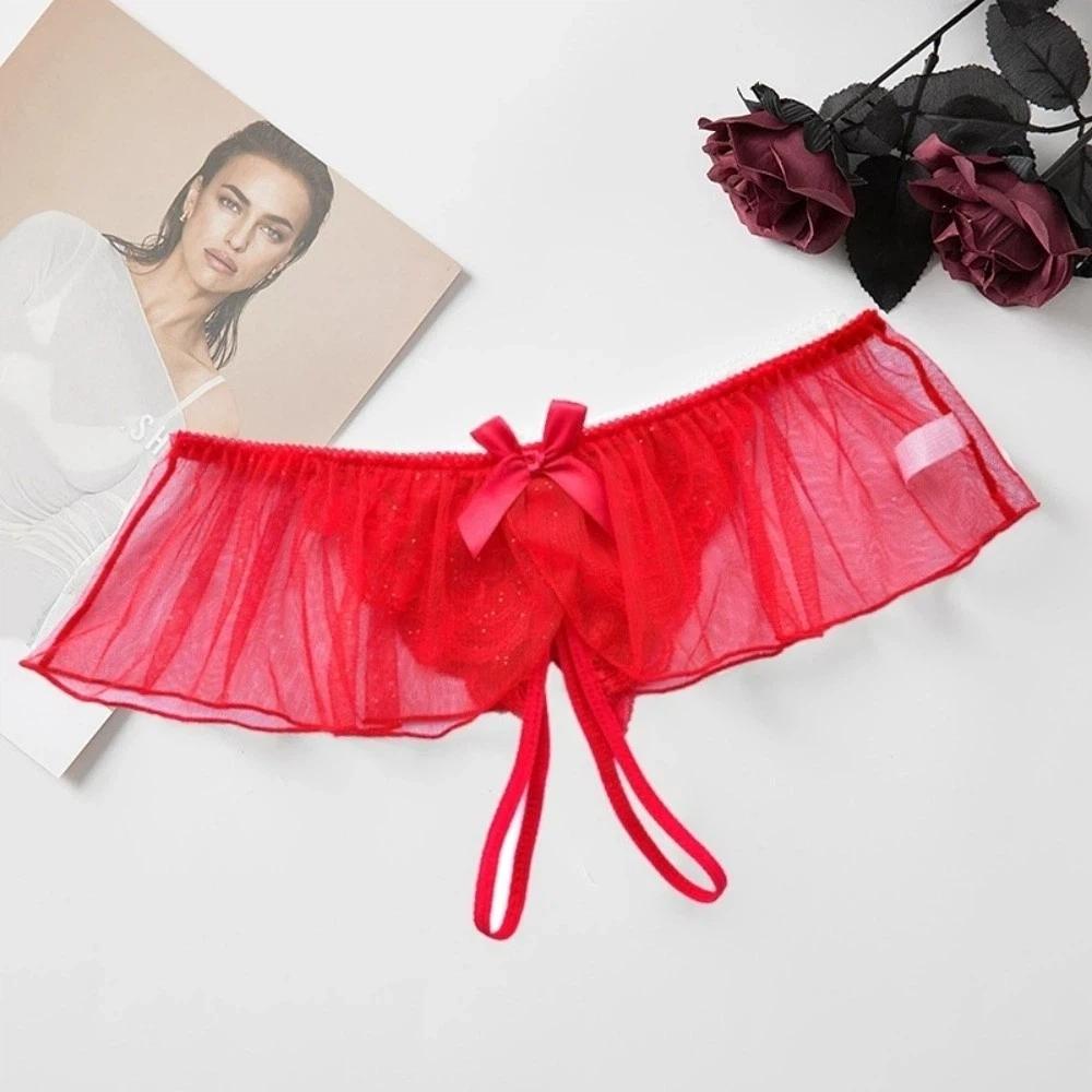 Open-crotch Lace Mesh Women Thong Sparkling Skirt Decor T-Back Panties  Wedding Night Bride