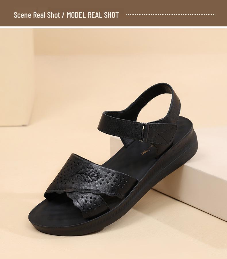 Red Dragonfly Women's Genuine Leather Sandals - Summer 2025 Comfortable Soft Sole Flat Bottom for Middle-aged Mothers
