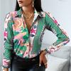 2024 Women Fashion Elegant Scarf Chain Print Button Design Shirt Long Sleeve Patchwork Spring