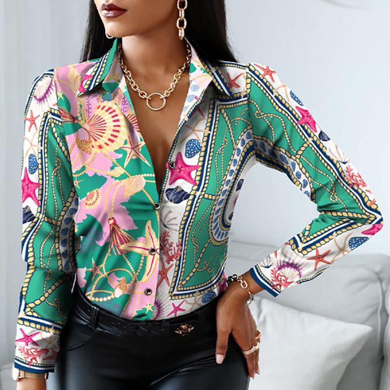 2024 Women Fashion Elegant Scarf Chain Print Button Design Shirt Long Sleeve Patchwork Spring