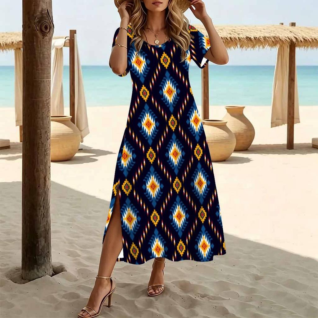 Women Fashion Round Neck Cashew Nut Clan Style Printed Short Sleeve Side Slit Dress Casual Vacation Dress Long Loose Dress