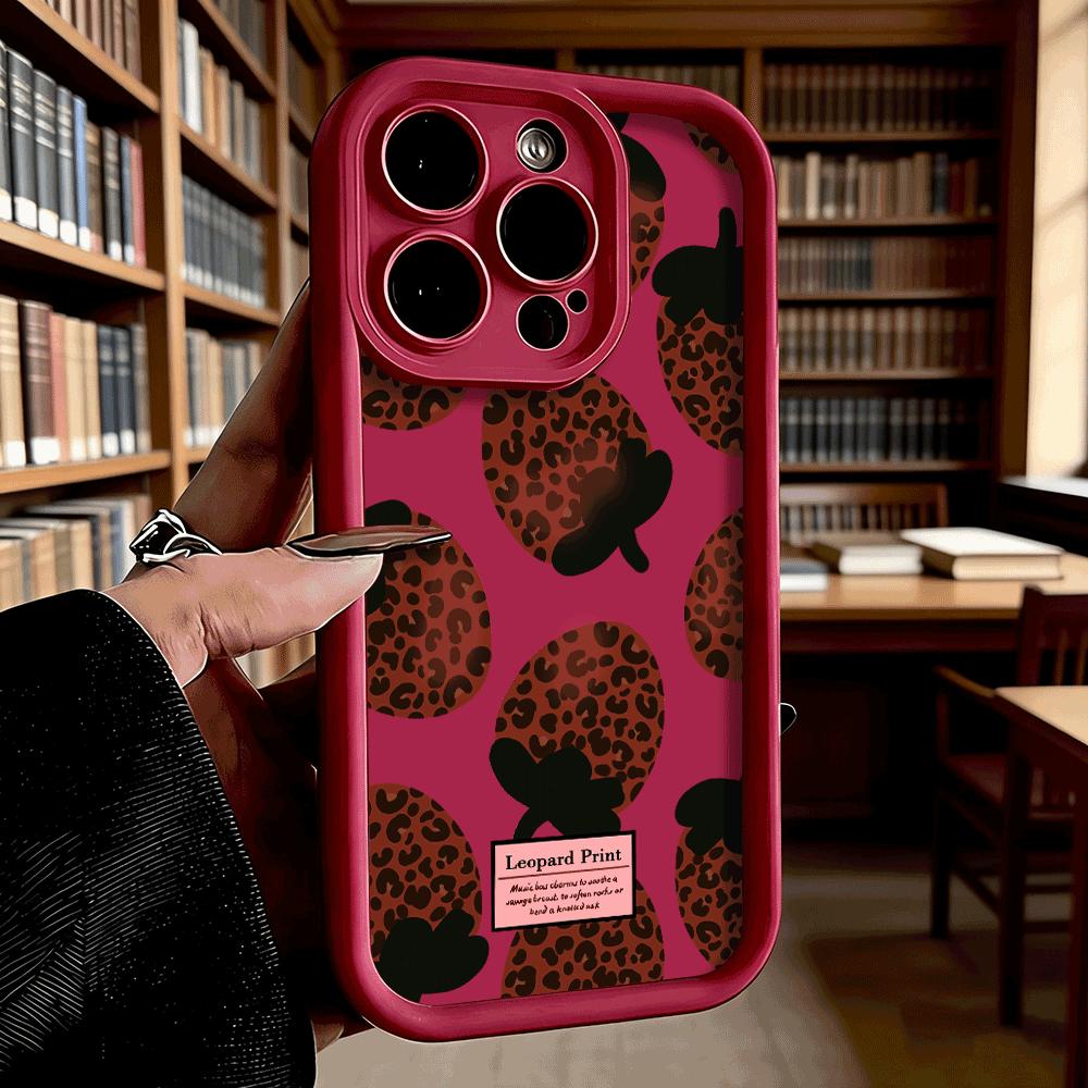 Leopard Print Strawberry Soft TPU Phone Case for iPhone 17 16 15 14 13 12 11 Pro Max Plus Shockproof Anti-Slip Cover