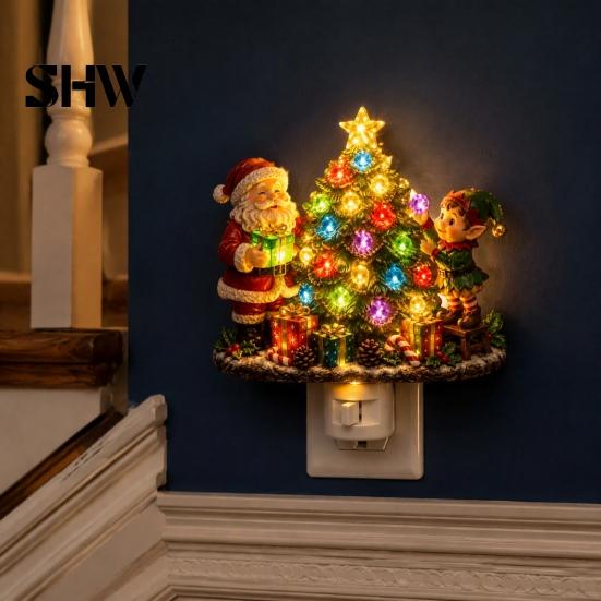 Indoor Holiday Lighting Christmas Santa Elf Decorative Plug-in Night Light, Resin Tree Wall Festive Room Decoration Nightlight, Vintage Xmas Ornament